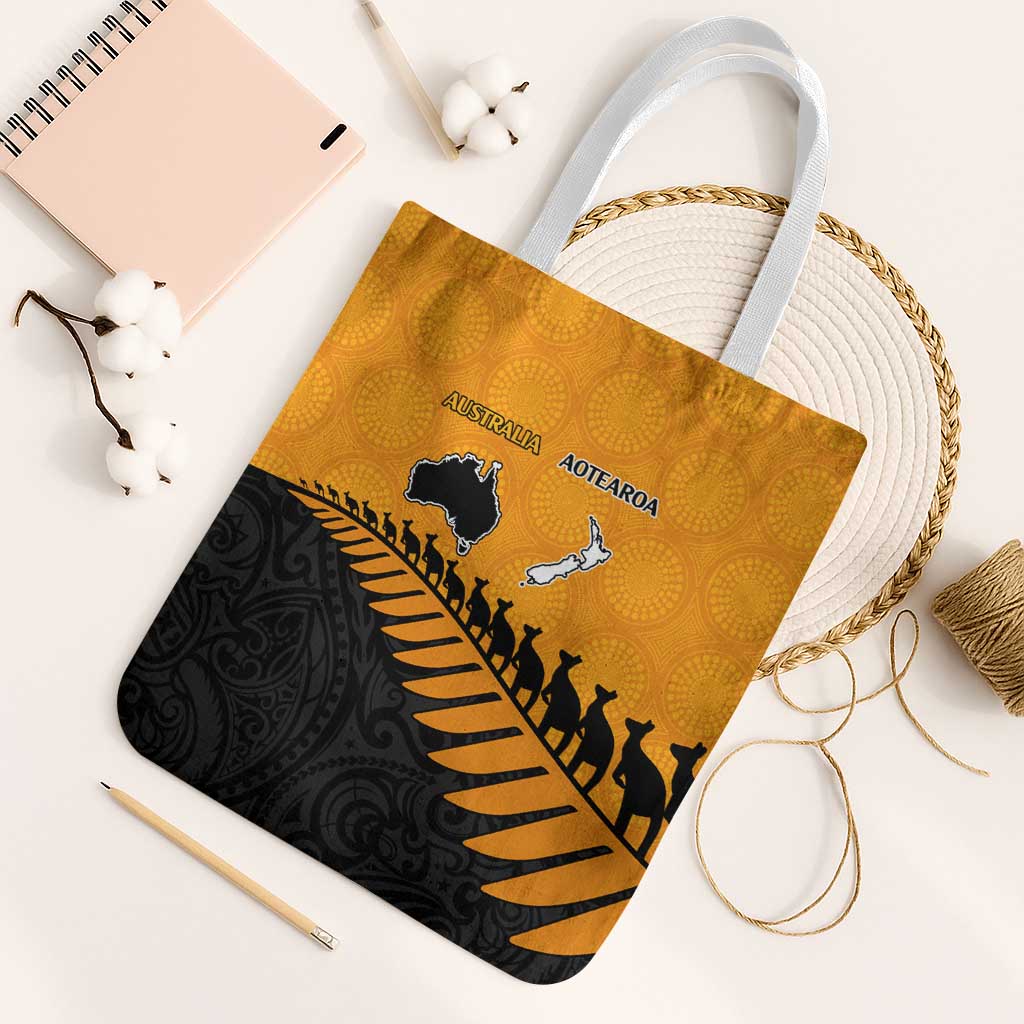 Australia New Zealand Rugby Tote Bag Gold Aboriginal Wallabies and Maori Black Fern - Polynesian Pride