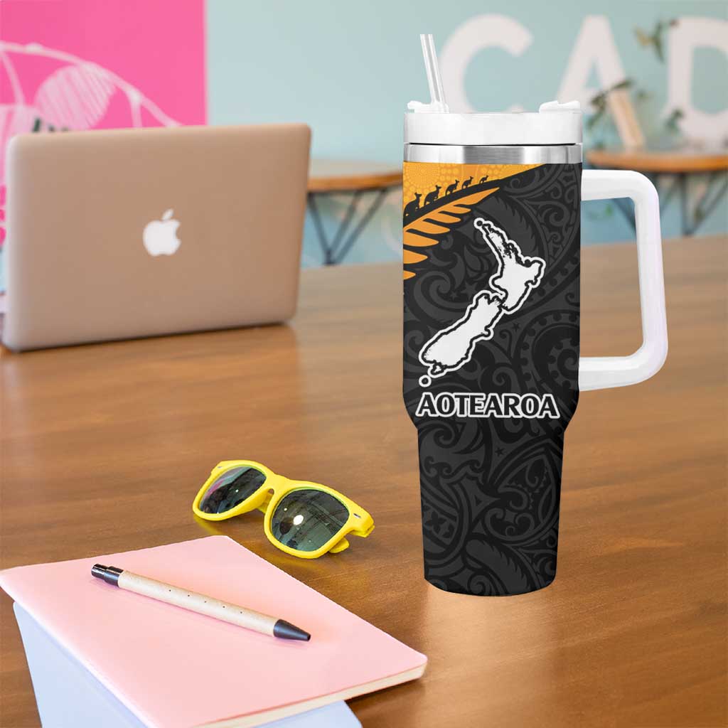 Australia New Zealand Rugby Tumbler With Handle Gold Aboriginal Wallabies and Maori Black Fern - Polynesian Pride