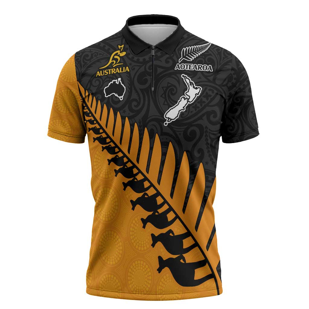 Australia New Zealand Rugby Zipper Polo Shirt Gold Aboriginal Wallabies and Maori Black Fern LT9 Gold - Polynesian Pride