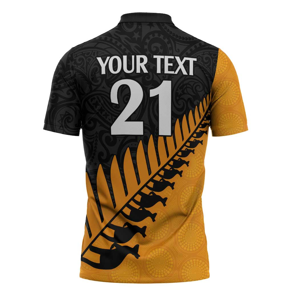 Australia New Zealand Rugby Zipper Polo Shirt Gold Aboriginal Wallabies and Maori Black Fern LT9 - Polynesian Pride