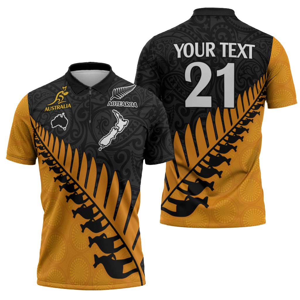 Australia New Zealand Rugby Zipper Polo Shirt Gold Aboriginal Wallabies and Maori Black Fern LT9 - Polynesian Pride