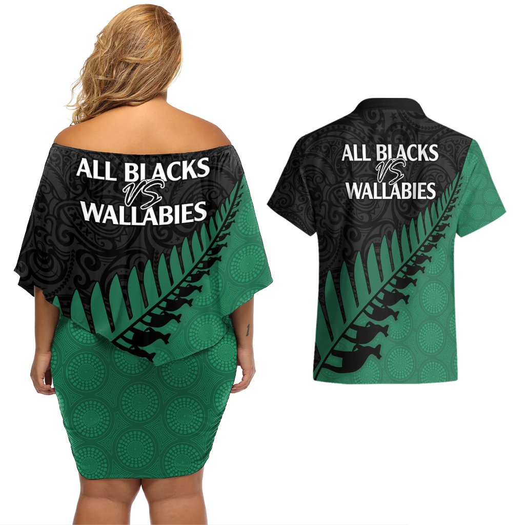 Australia Wallabies and Aotearoa Rugby Couples Matching Off Shoulder Short Dress and Hawaiian Shirt Kangaroo Black Fern Maori Green Vibe LT9 - Polynesian Pride