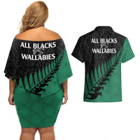 Australia Wallabies and Aotearoa Rugby Couples Matching Off Shoulder Short Dress and Hawaiian Shirt Kangaroo Black Fern Maori Green Vibe LT9 - Polynesian Pride