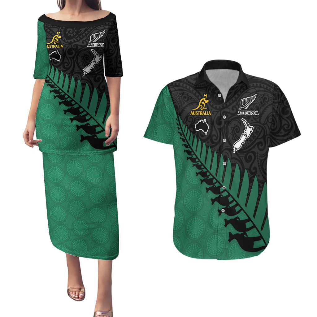 Australia Wallabies and Aotearoa Rugby Couples Matching Puletasi Dress and Hawaiian Shirt Kangaroo Black Fern Maori Green Vibe LT9 Green - Polynesian Pride
