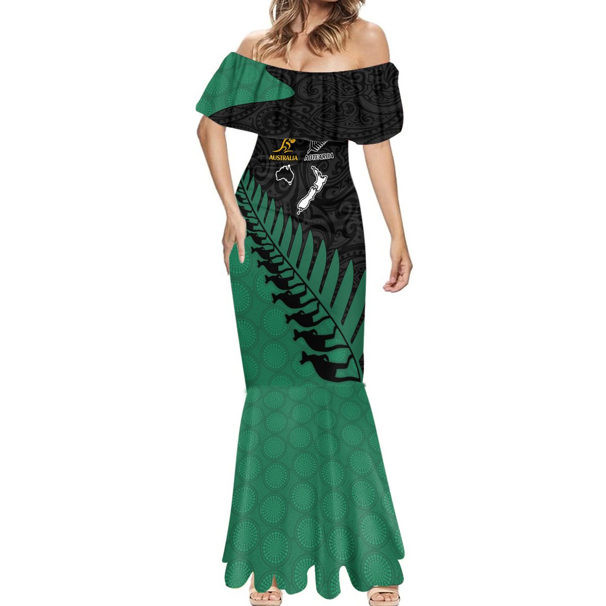 Australia Wallabies and Aotearoa Rugby Mermaid Dress Kangaroo Black Fern Maori Green Vibe LT9 - Polynesian Pride
