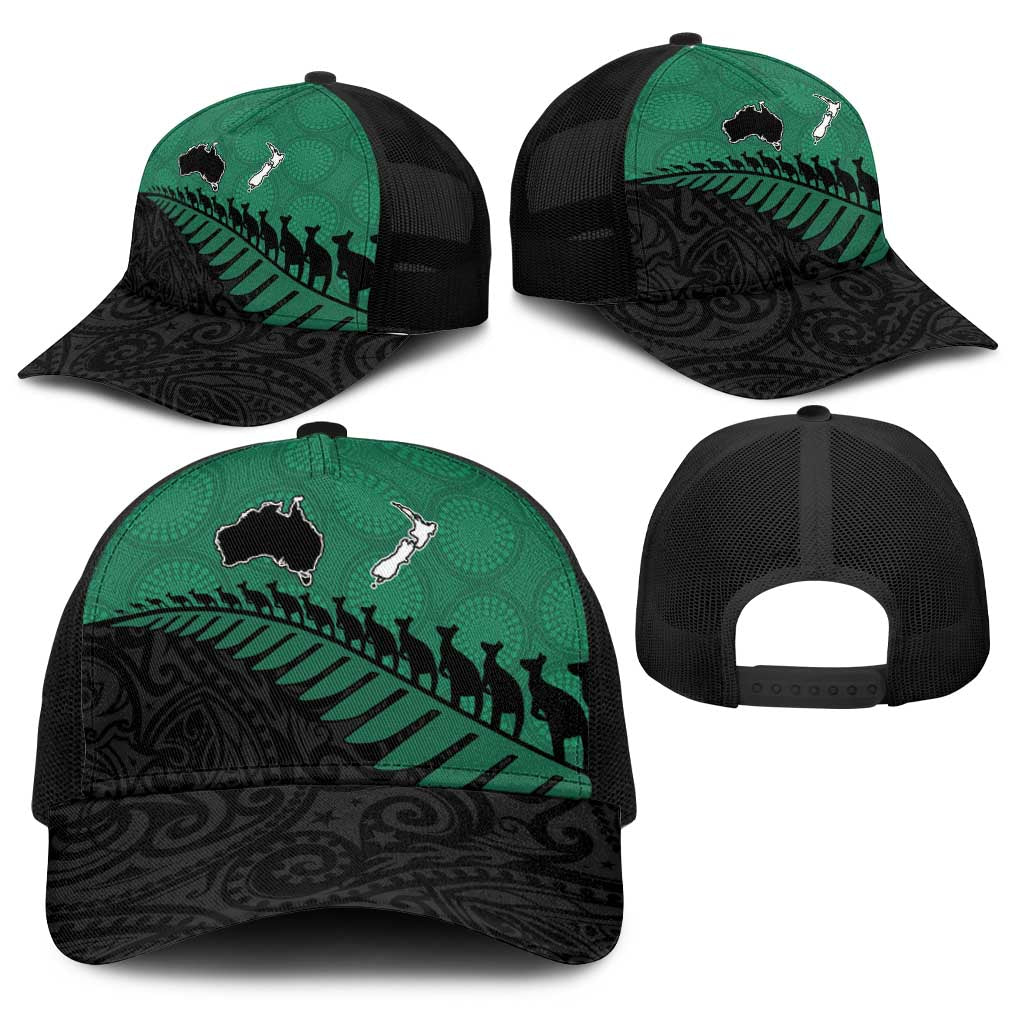 Australia New Zealand Rugby Baseball Net Cap Green Aboriginal Wallabies and Maori Black Fern - Polynesian Pride