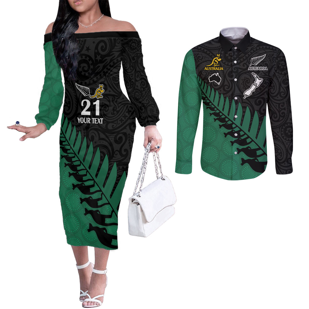Custom Australia Wallabies and Aotearoa Rugby Couples Matching Off The Shoulder Long Sleeve Dress and Long Sleeve Button Shirts Kangaroo Black Fern Maori Green Vibe LT9 Green - Polynesian Pride