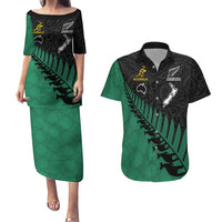 Custom Australia Wallabies and Aotearoa Rugby Couples Matching Puletasi Dress and Hawaiian Shirt Kangaroo Black Fern Maori Green Vibe LT9 Green - Polynesian Pride