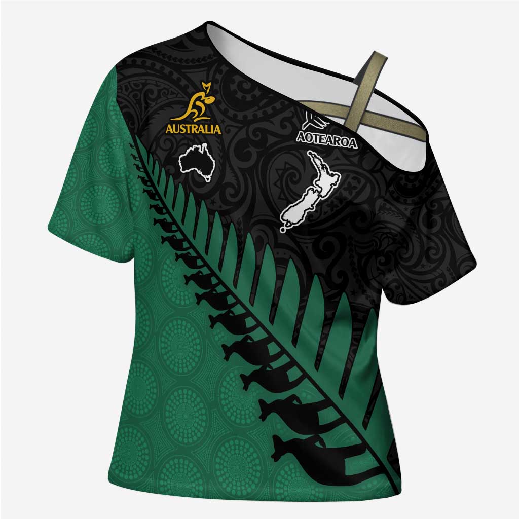 Australia New Zealand Rugby Cross Shoulder Shirt Green Aboriginal Wallabies and Maori Black Fern - Polynesian Pride