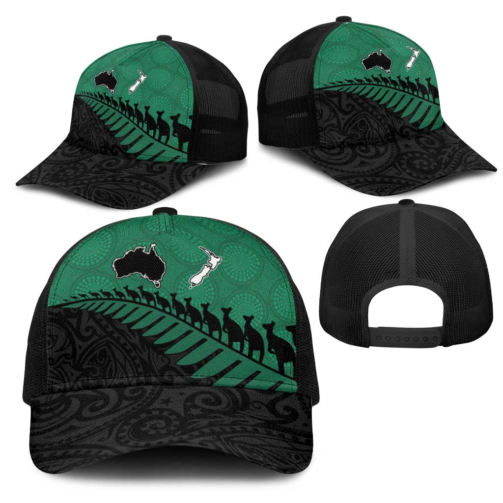 Australia New Zealand Rugby Mesh Trucker Cap Green Aboriginal Wallabies and Maori Black Fern - Polynesian Pride