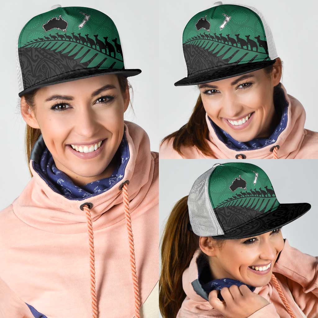 Australia New Zealand Rugby Mesh Trucker Cap Green Aboriginal Wallabies and Maori Black Fern - Polynesian Pride