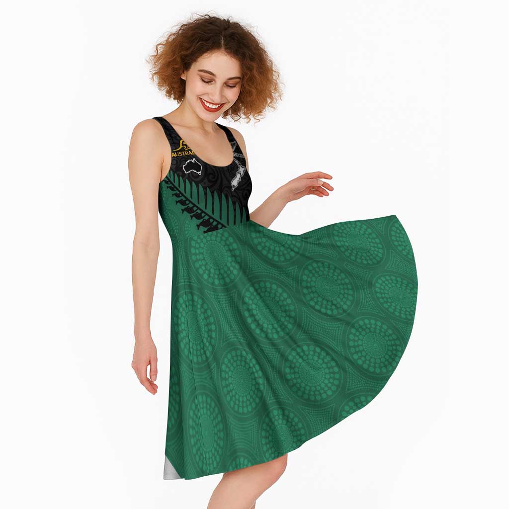 Australia New Zealand Rugby Midi Dress Green Aboriginal Wallabies and Maori Black Fern - Polynesian Pride