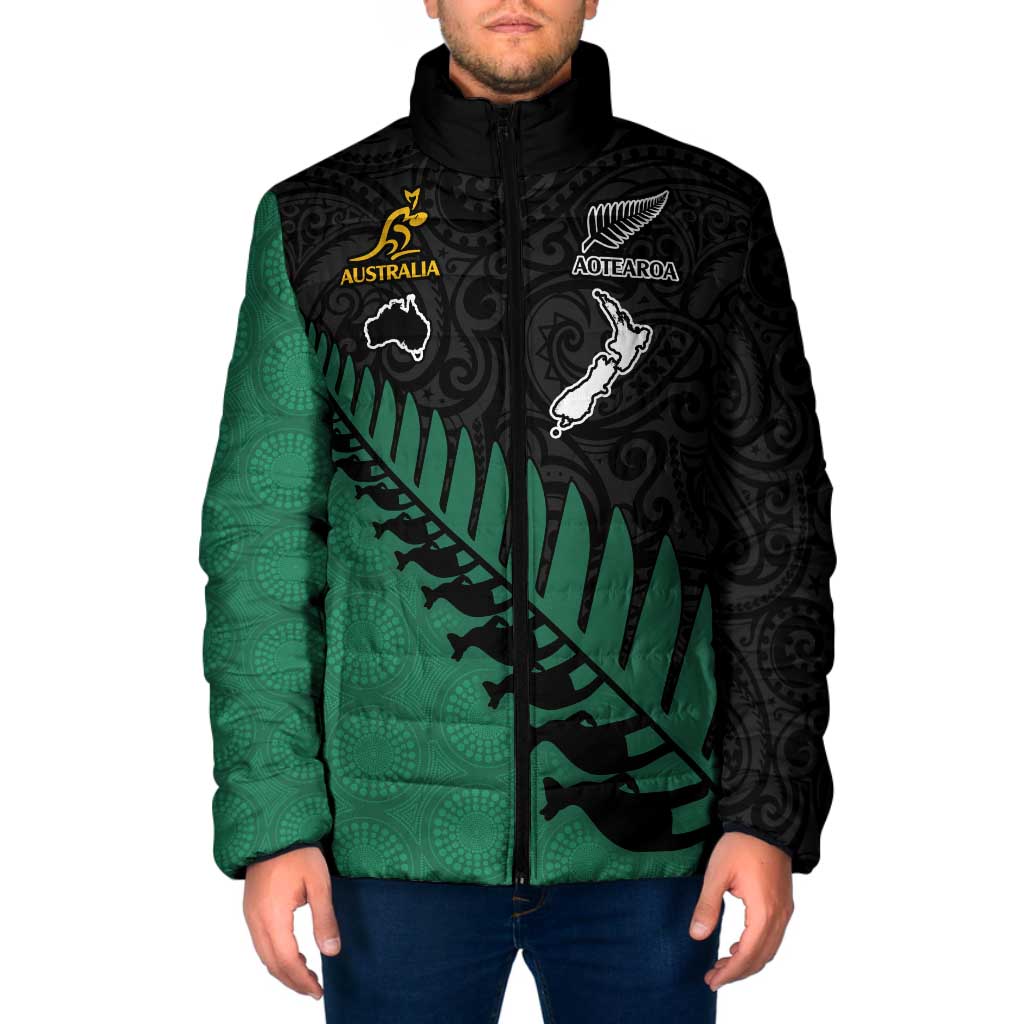 Australia New Zealand Rugby Padded Jacket Green Aboriginal Wallabies and Maori Black Fern - Polynesian Pride