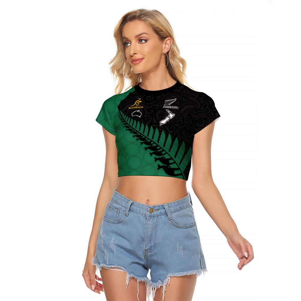 Custom Australia Wallabies and Aotearoa Rugby Raglan Cropped T Shirt Kangaroo Black Fern Maori Green Vibe LT9 Female Green - Polynesian Pride