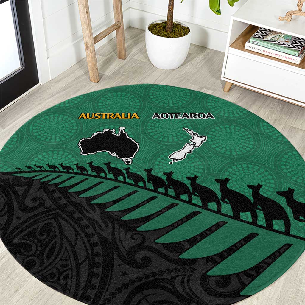 Australia New Zealand Rugby Round Carpet Green Aboriginal Wallabies and Maori Black Fern - Polynesian Pride