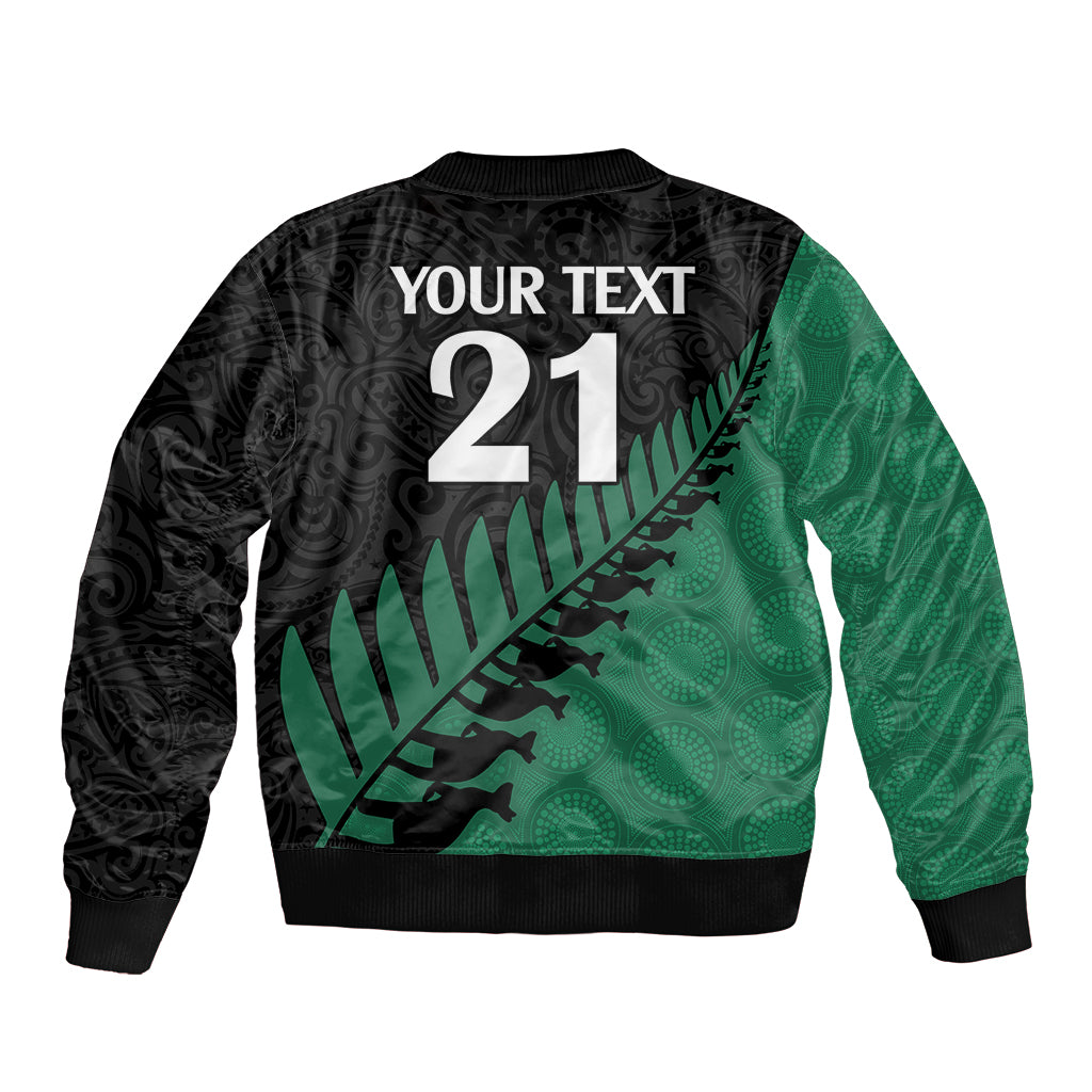 Custom Australia Wallabies and Aotearoa Rugby Sleeve Zip Bomber Jacket Kangaroo Black Fern Maori Green Vibe LT9 - Polynesian Pride