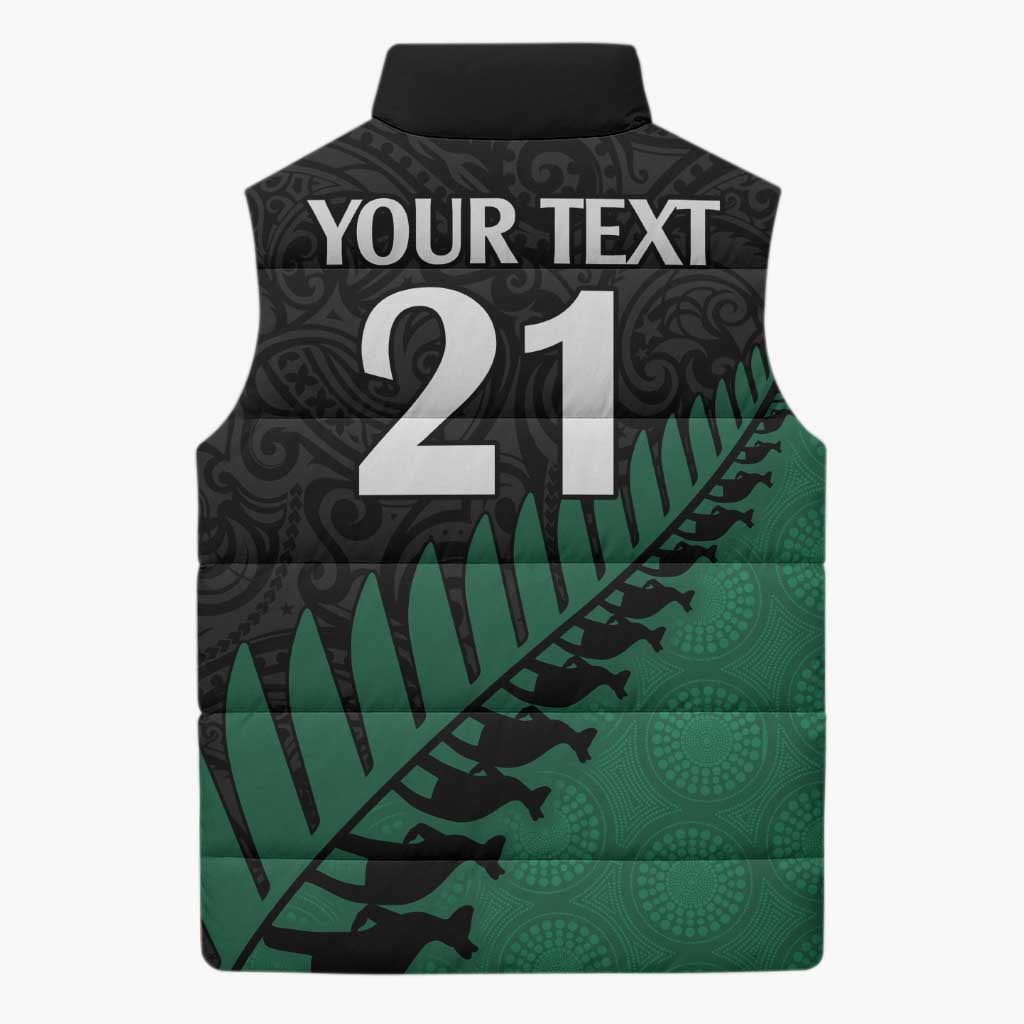 Australia New Zealand Rugby Sleeveless Puffer Jacket Green Aboriginal Wallabies and Maori Black Fern - Polynesian Pride
