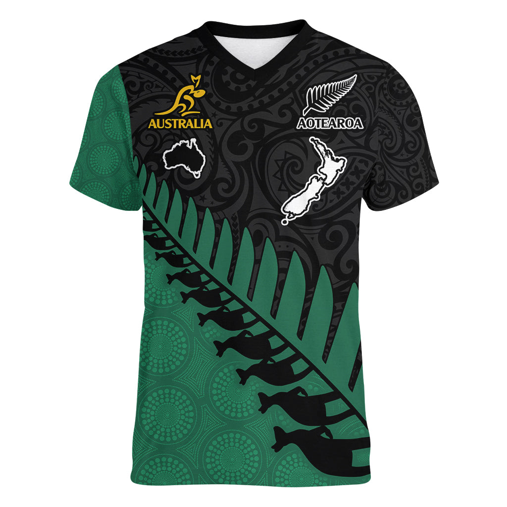 Custom Australia Wallabies and Aotearoa Rugby Women V Neck T Shirt Kangaroo Black Fern Maori Green Vibe LT9 Female Green - Polynesian Pride