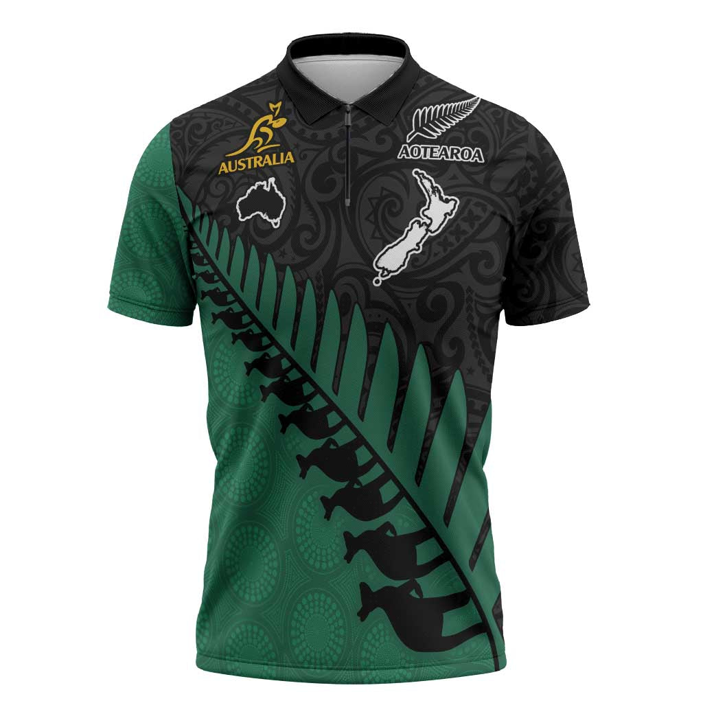 Australia New Zealand Rugby Zipper Polo Shirt Green Aboriginal Wallabies and Maori Black Fern - Polynesian Pride