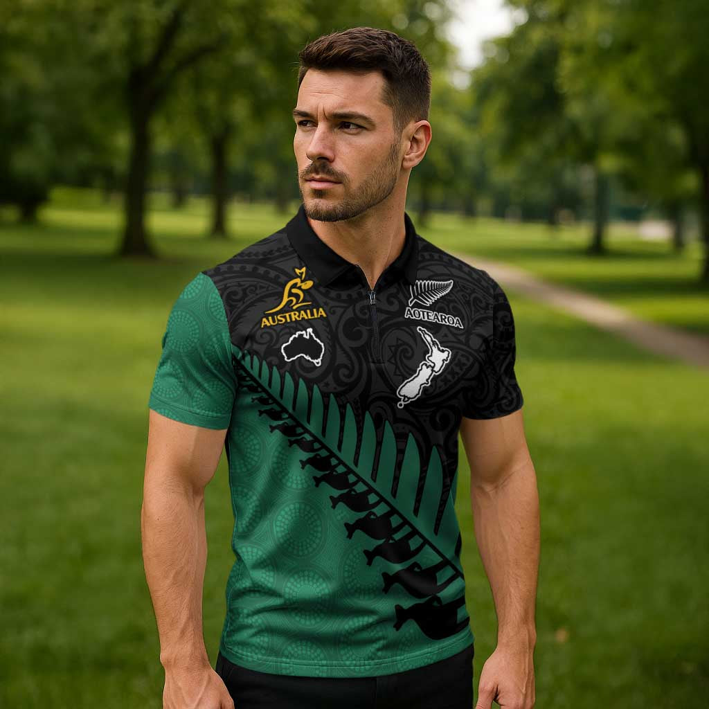 Australia New Zealand Rugby Zipper Polo Shirt Green Aboriginal Wallabies and Maori Black Fern LT9 - Polynesian Pride