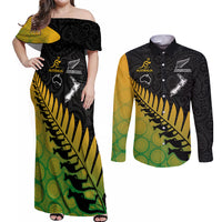 Australia Wallabies and Aotearoa Rugby Couples Matching Off Shoulder Maxi Dress and Long Sleeve Button Shirts Kangaroo Black Fern Maori Gradient Vibe LT9 Gradient - Polynesian Pride