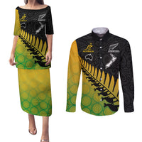 Australia Wallabies and Aotearoa Rugby Couples Matching Puletasi Dress and Long Sleeve Button Shirts Kangaroo Black Fern Maori Gradient Vibe LT9 Gradient - Polynesian Pride