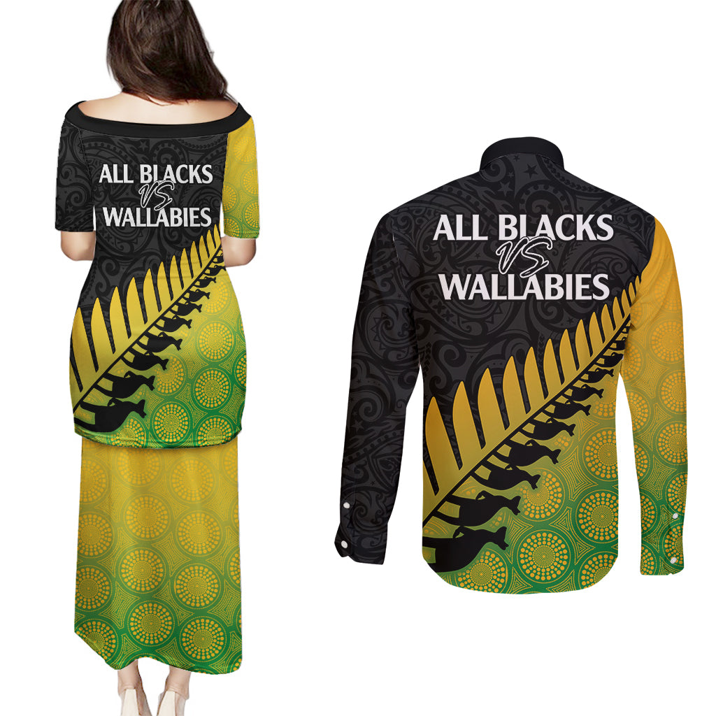 Australia Wallabies and Aotearoa Rugby Couples Matching Puletasi Dress and Long Sleeve Button Shirts Kangaroo Black Fern Maori Gradient Vibe LT9 - Polynesian Pride