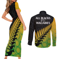 Australia Wallabies and Aotearoa Rugby Couples Matching Short Sleeve Bodycon Dress and Long Sleeve Button Shirts Kangaroo Black Fern Maori Gradient Vibe LT9 - Polynesian Pride