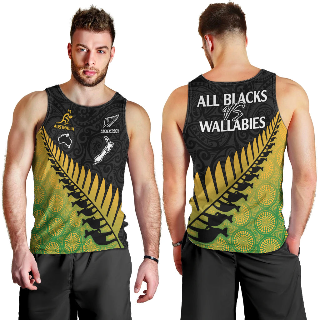 Australia Wallabies and Aotearoa Rugby Men Tank Top Kangaroo Black Fern Maori Gradient Vibe LT9 - Polynesian Pride