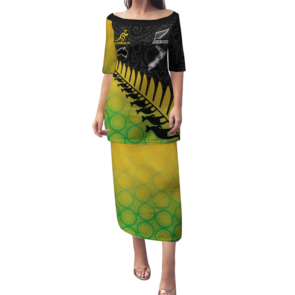 Australia Wallabies and Aotearoa Rugby Puletasi Kangaroo Black Fern Maori Gradient Vibe LT9 Long Dress Gradient - Polynesian Pride