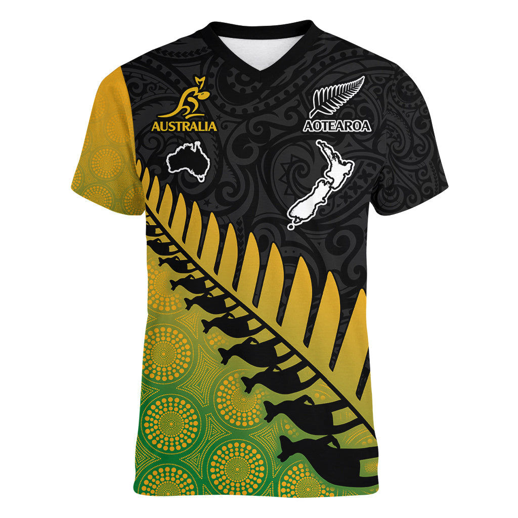 Australia Wallabies and Aotearoa Rugby Women V Neck T Shirt Kangaroo Black Fern Maori Gradient Vibe LT9 Female Gradient - Polynesian Pride