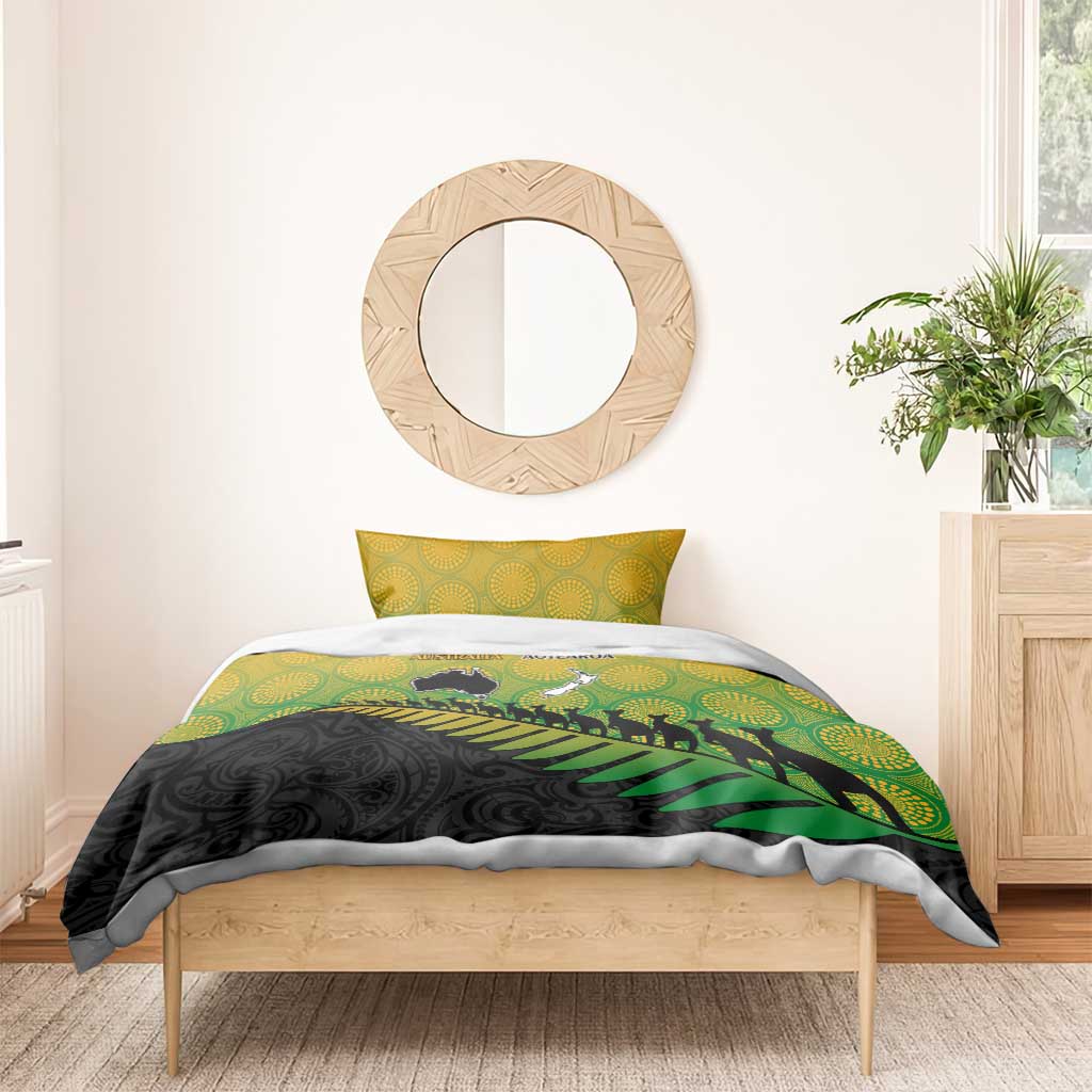 Australia New Zealand Rugby Bedding Set Gradient Aboriginal Wallabies and Maori Black Fern - Polynesian Pride