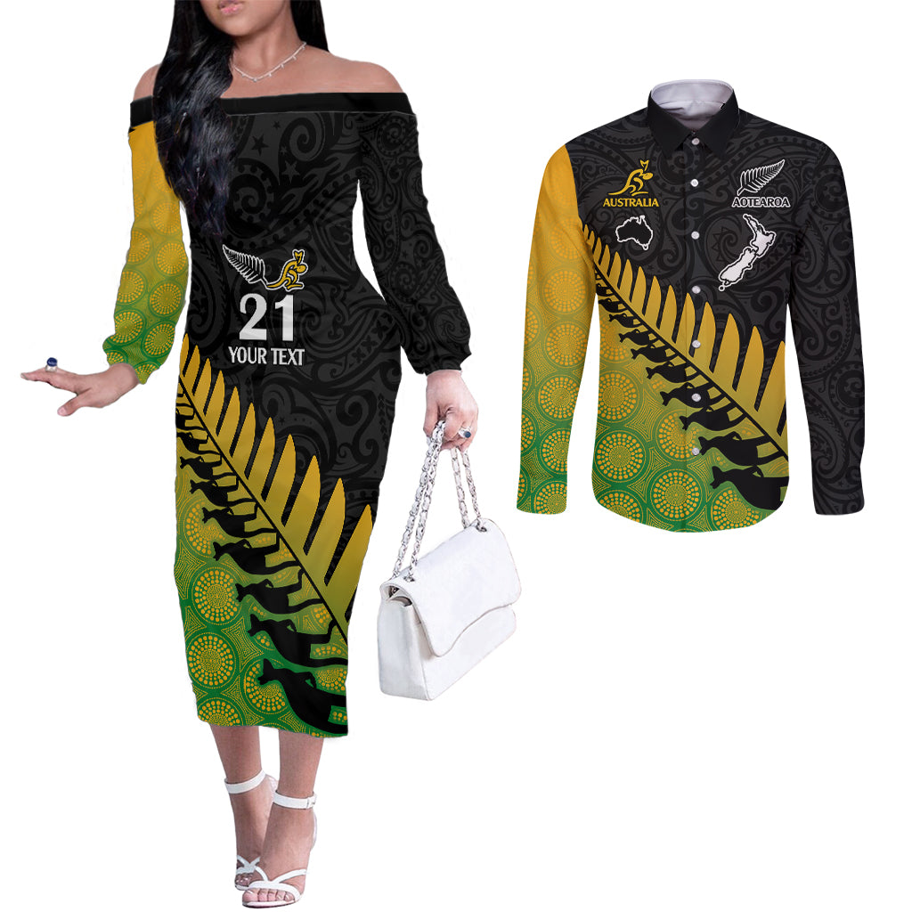 Custom Australia Wallabies and Aotearoa Rugby Couples Matching Off The Shoulder Long Sleeve Dress and Long Sleeve Button Shirts Kangaroo Black Fern Maori Gradient Vibe LT9 Gradient - Polynesian Pride