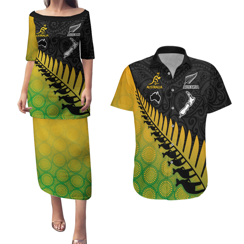Custom Australia Wallabies and Aotearoa Rugby Couples Matching Puletasi Dress and Hawaiian Shirt Kangaroo Black Fern Maori Gradient Vibe LT9 Gradient - Polynesian Pride