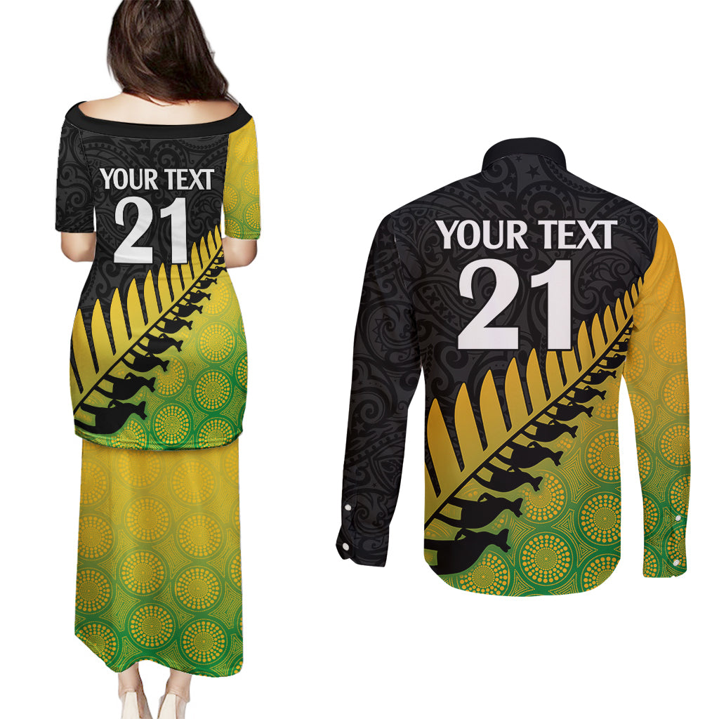Custom Australia Wallabies and Aotearoa Rugby Couples Matching Puletasi Dress and Long Sleeve Button Shirts Kangaroo Black Fern Maori Gradient Vibe LT9 - Polynesian Pride