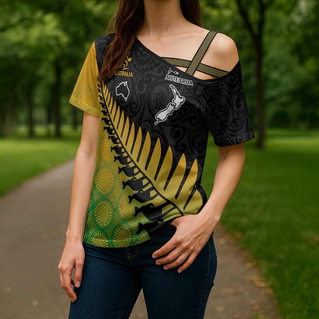 Australia New Zealand Rugby Cross Shoulder Shirt Gradient Aboriginal Wallabies and Maori Black Fern - Polynesian Pride