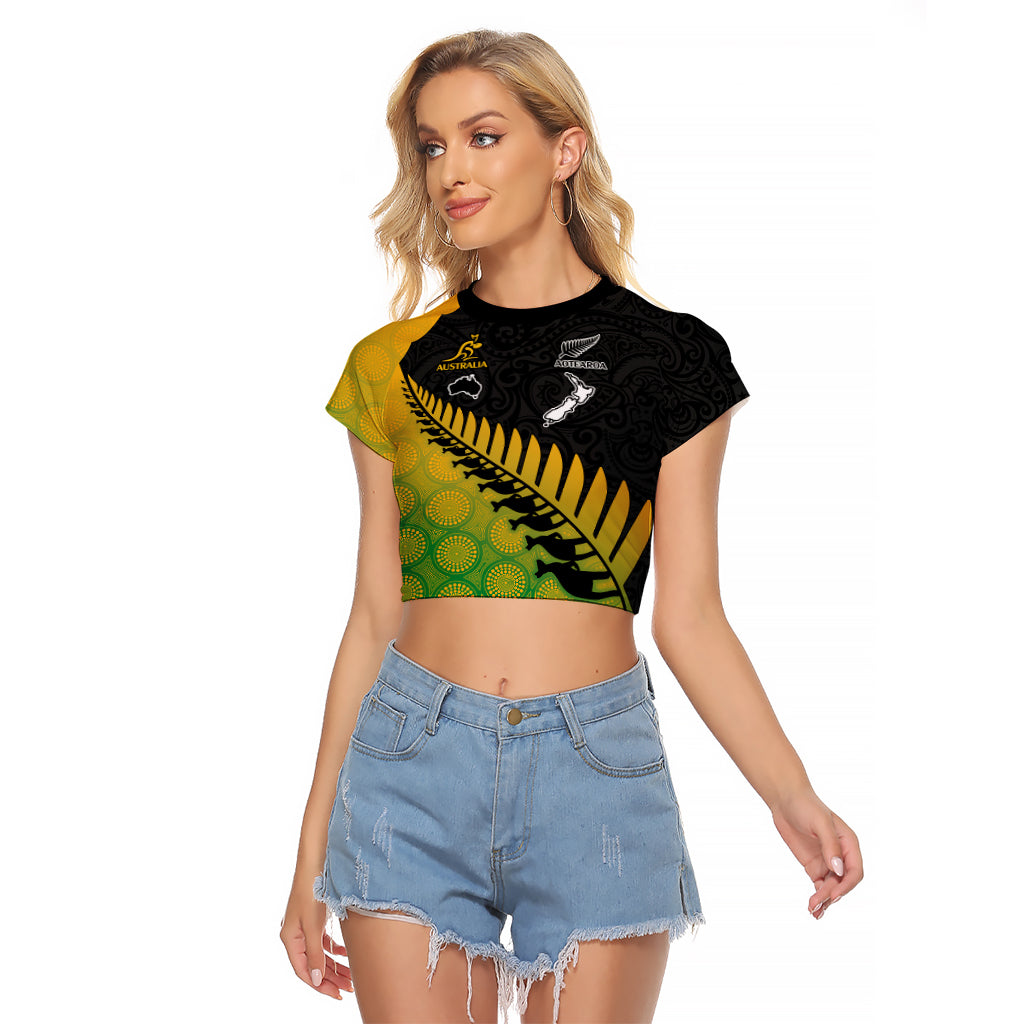 Custom Australia Wallabies and Aotearoa Rugby Raglan Cropped T Shirt Kangaroo Black Fern Maori Gradient Vibe LT9 Female Gradient - Polynesian Pride