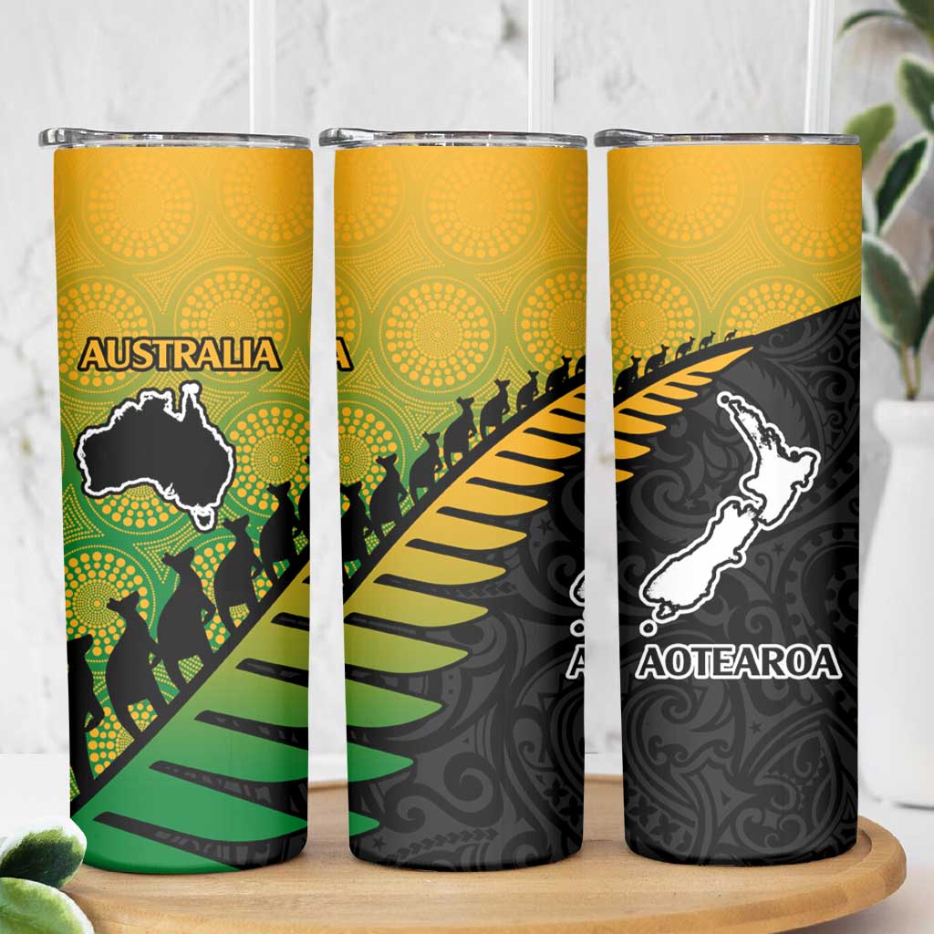 Australia New Zealand Rugby Skinny Tumbler Gradient Aboriginal Wallabies and Maori Black Fern - Polynesian Pride