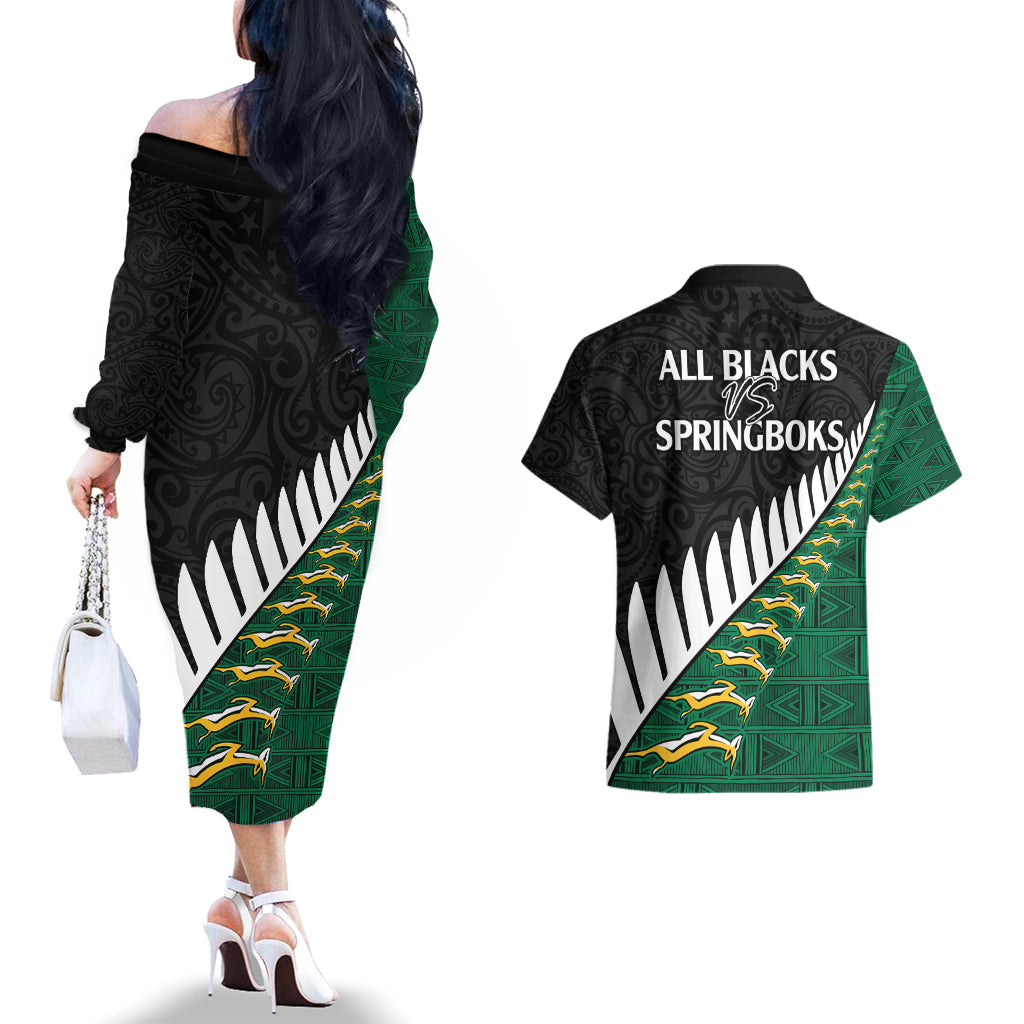 South Africa and Aotearoa Rugby Couples Matching Off The Shoulder Long Sleeve Dress and Hawaiian Shirt Springboks Black Fern Maori Vibe LT9 - Polynesian Pride