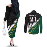 Custom South Africa and Aotearoa Rugby Couples Matching Off The Shoulder Long Sleeve Dress and Long Sleeve Button Shirts Springboks Black Fern Maori Vibe LT9 - Polynesian Pride