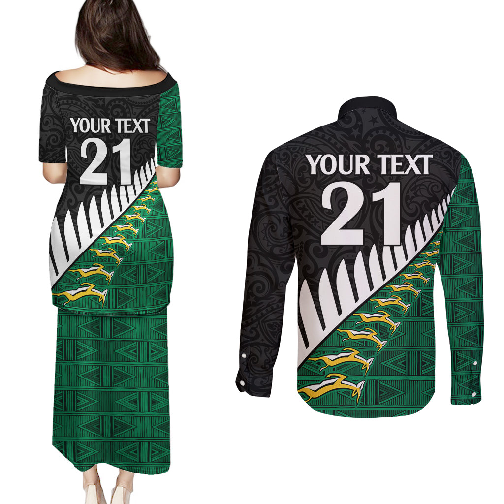 Custom South Africa and Aotearoa Rugby Couples Matching Puletasi Dress and Long Sleeve Button Shirts Springboks Black Fern Maori Vibe LT9 - Polynesian Pride