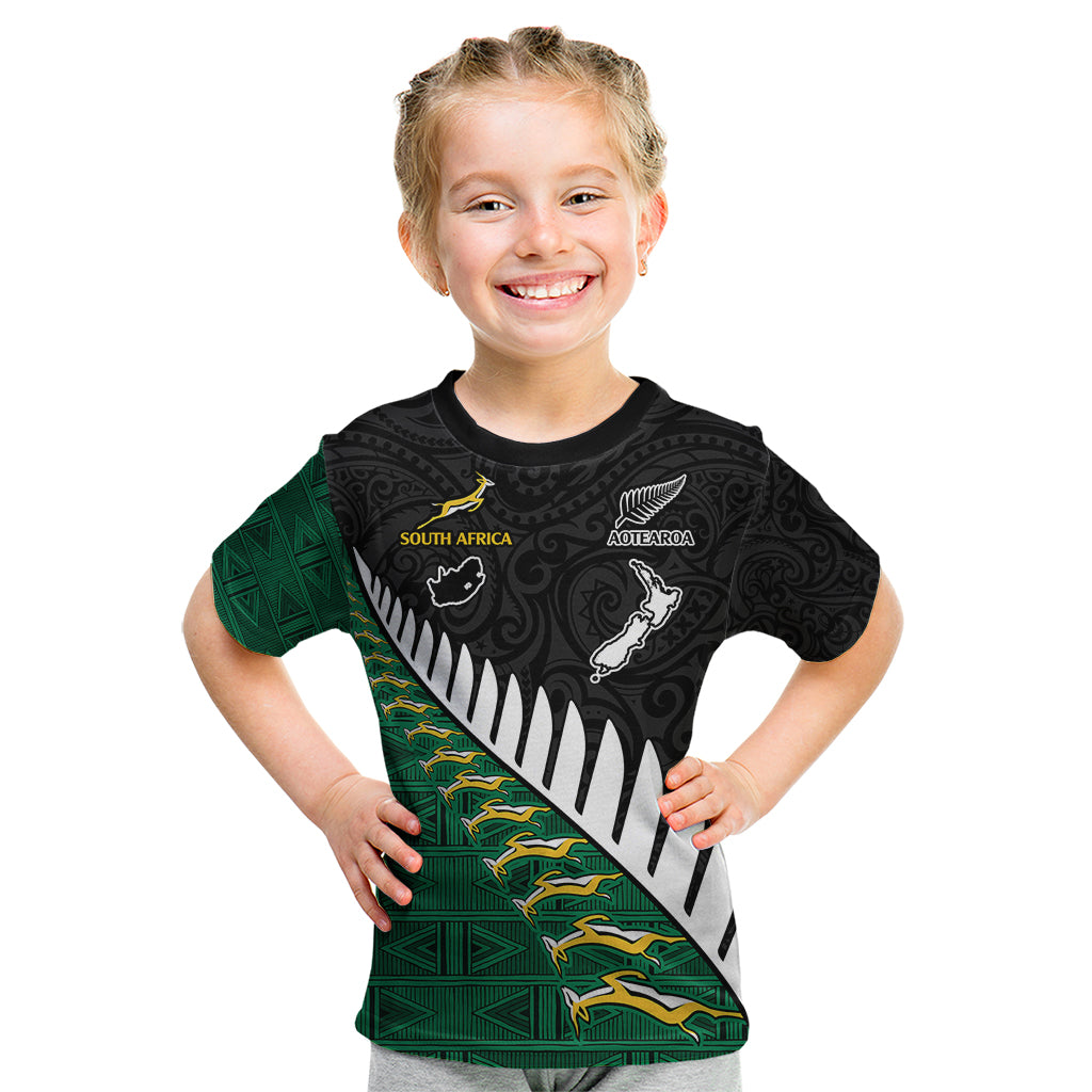 Custom South Africa and Aotearoa Rugby Kid T Shirt Springboks Black Fern Maori Vibe LT9 Black - Polynesian Pride