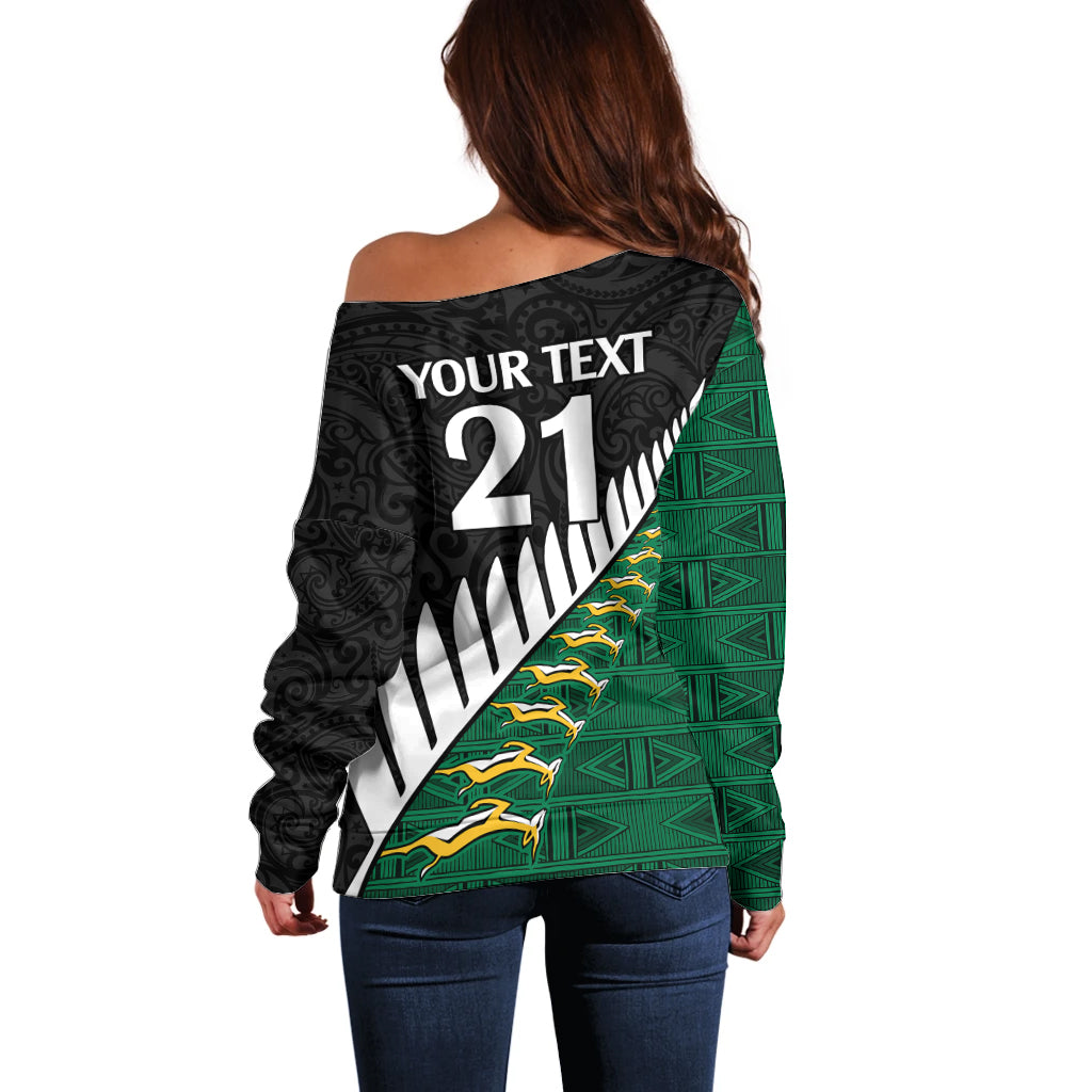 Custom South Africa and Aotearoa Rugby Off Shoulder Sweater Springboks Black Fern Maori Vibe LT9 - Polynesian Pride