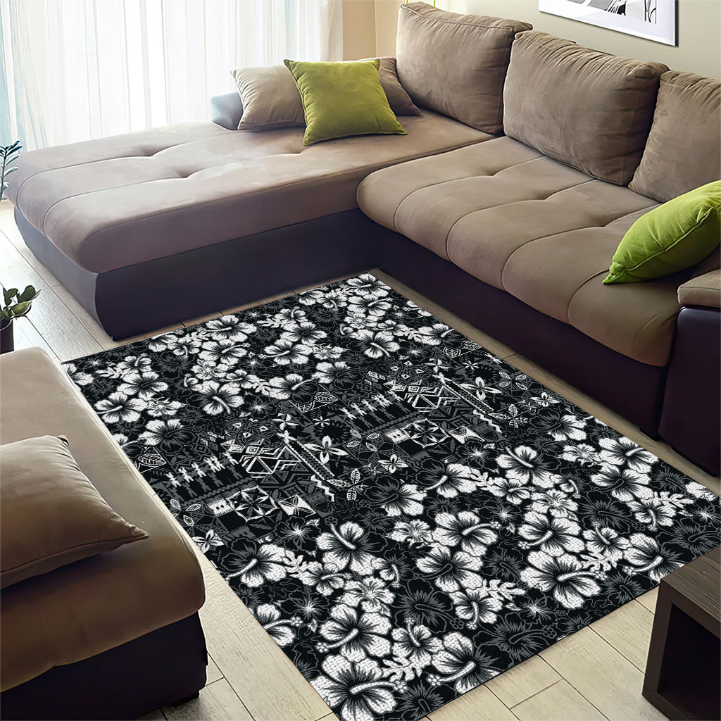 Black Hawaiian Tapa Tribal Hibiscus Area Rug