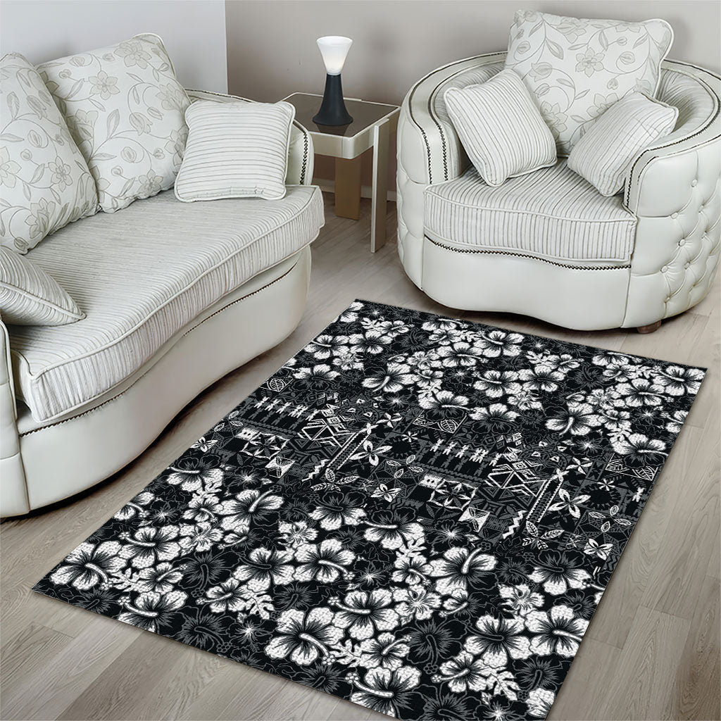 Black Hawaiian Tapa Tribal Hibiscus Area Rug