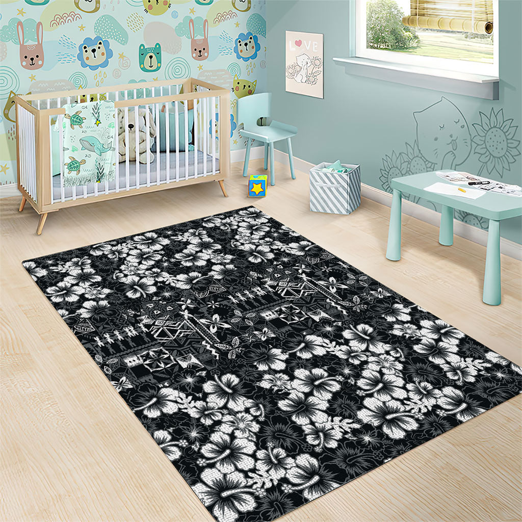 Black Hawaiian Tapa Tribal Hibiscus Area Rug