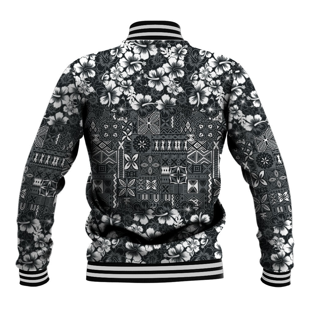 Black Hawaiian Tapa Tribal Hibiscus Baseball Jacket