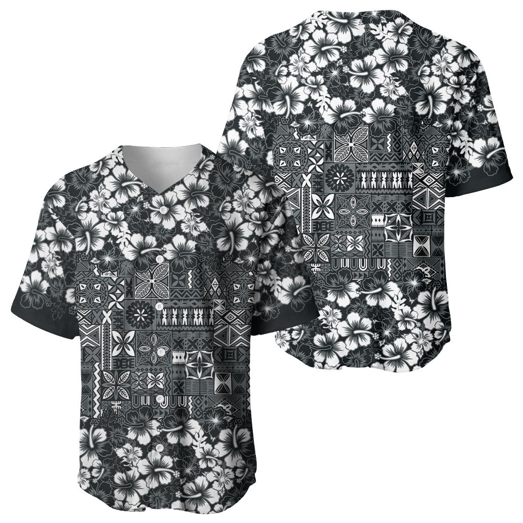 Black Hawaiian Tapa Tribal Hibiscus Baseball Jersey