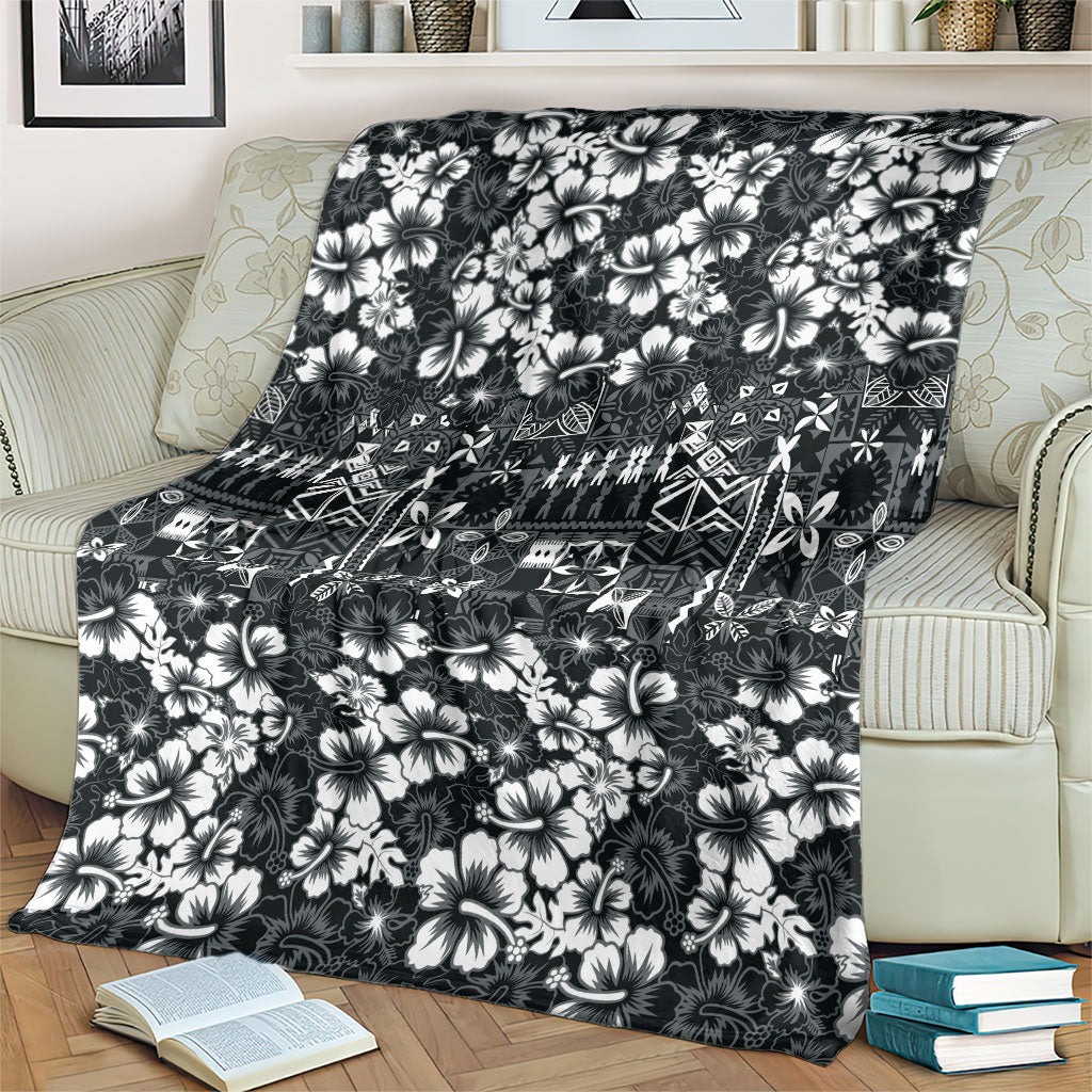 Black Hawaiian Tapa Tribal Hibiscus Blanket