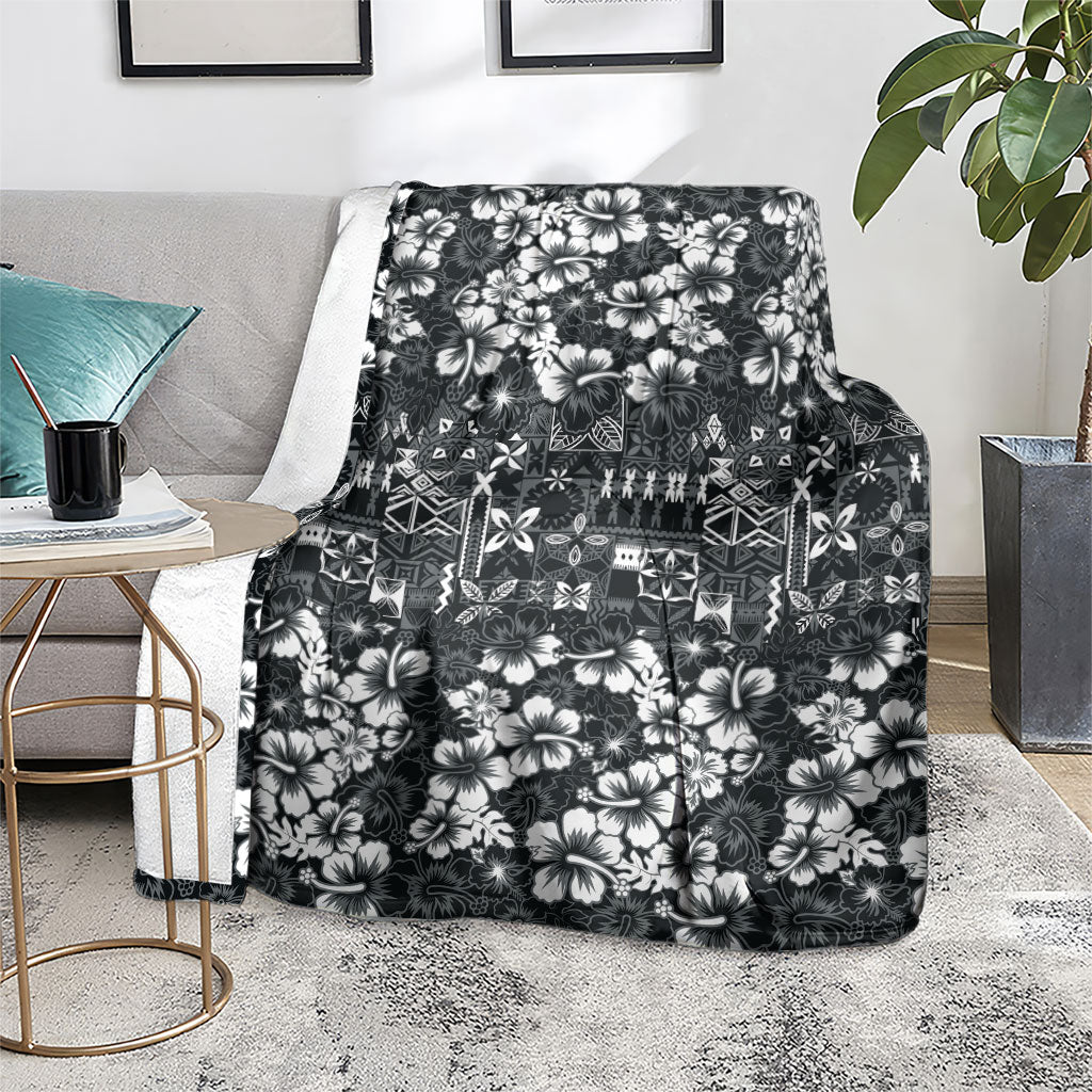 Black Hawaiian Tapa Tribal Hibiscus Blanket
